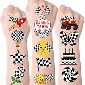 Cute Checkered Temporary Tattoos For Boys Girls - 100 Black And White Racing Flag Designs, Waterproof Party Favors For Race Car Birthday Supplies & Decorations, Sports Events, Goodie Bags