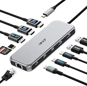 Acer Laptop Docking Station 3 Monitors, 11-In-1 Usb C Docking Station With 8k Dp, Hdmi 4k@60hz, 10gbps Data, 1 Gbps Ethernet Hub, 100w Power Delivery, Sd/Tf, Usb C Hub Multiport Adapter For Laptop