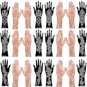 12 Sheets Henna Stencils Kit For Hand Forearm Glitter Airbrush Diy Tattooing Template, Indian Temporary Tattoo Stickers Mehndi Stencils For Hand Body Art
