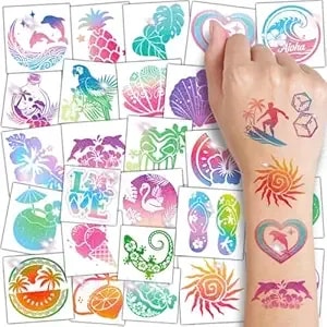 Charlent Glitter Summer Hawaiian Temporary Tattoos For Kids - 74 Tropical Aloha Designs - Waterproof & Easy Peel - Beach Shimmery Tattoos For Girls Women Luau Beach Parties, Summer Vacations