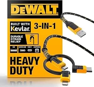 Dewalt Heavy Duty 3 In 1 Multi Charging Cord, 6ft Fast Charger Cord, Multi Charger Adapter With Lightning/Type C/Micro Usb Port For Iphones/Samsung Galaxy/Ps/Tablets/More