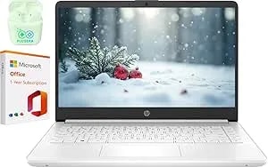 HP 14" Business Laptop With Microsoft Office 365 & 1TB Onedrive, 2026 Edition, Quad-Core Intel Processor, 64GB SSD, Windows 11, Plusera Earphones, Snowflake White