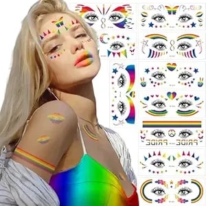 Gay Pride Glitter Rainbow Face Temporary Tattoo Sticker, Lgbt Tattoos Transfer Tattoo Freckle Waterproof Butterfly Heart Rainbow Sticker For Pride Party Equality Parades And Celebrations 10 Sheets