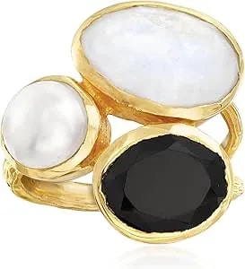 Ross-Simons Onyx, Moonstone And 8mm Cultured Pearl Ring In 18kt Gold Over Sterling