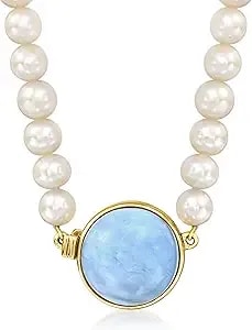 Ross-Simons Blue Opal And 5.5-6mm Cultured Pearl Necklace In 18kt Gold Over Sterling
