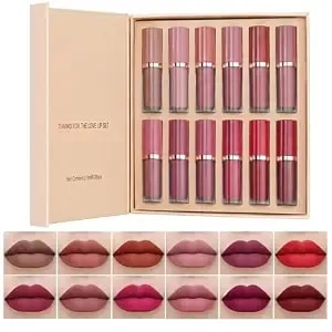Baisen Diary 12 Colors Book Style Velvet Matte Liquid Lipstick Christmas Gift Set Long-Lasting Non-Stick Cup Not Fade Shimmer Nude Lip Gloss Thanks For The Love Lip Set (Set B)