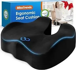 Blisstrends Memory Foam Seat Cushion For Office Chair & Car Seat, Black - 4.7in Ergonomic Tailbone & Sciatica Support With Removable Velvet Cover For Pressure Relief And Long Sitting Comfort