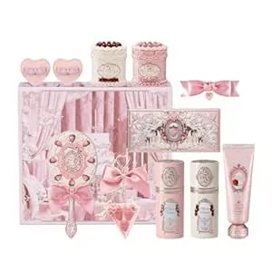 Flower Knows Cake Charm Set,Strawberry Cupid 12-Piece Makeup Gift Box Set,Lip Cream+Liquid Blush+Makeup Palette+Hand Mirror+Solid Perfume+Hair Clip+Cushion Powder Puff+Eyeshadow Brush+Gift Box