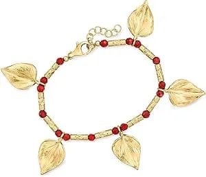 Ross-Simons Red Carnelian Bead Leaf Bracelet In 18kt Gold Over Sterling. 7 Inches