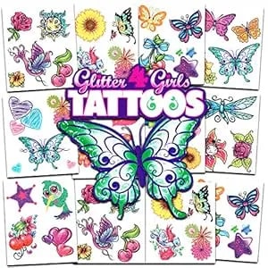 Glitter Tattoos For Girls ~ 50 Dazzling Designs ~ Butterflies Tattoos, Hearts, Flowers, And More Waterproof Temporary Tattoos For Birthday Party Favors Goodie Bags Fillers - Made In Usa