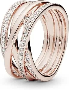Pandora Sparkling & Polished Lines Entwined Ring - Rose Gold Ring For Women - Chic Cocktail Ring - Gift For Her - 14k Rose Gold-Plated Rose With Cubic Zirconia - Size 8.5