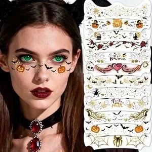 12pcs Halloween Glitter Freckles Face Tattoos Makeup Patches With Pumpkin, Bat, Spider, Witch, Skull, Love Heart, Flowers Design, Face Temporary Tattoos For Adults Kids Rave Accessories