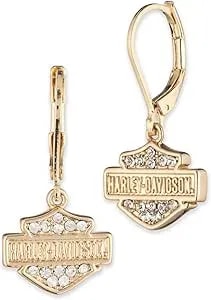 Harley-Davidson Women'S Bar & Shield Logo Crystal Drop Earrings, Gold Plated