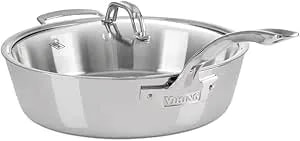Viking Contemporary 3-Ply Deep Frying Pan With Glass Lid, 4.8 Quart Stainless Steel Saute Cooking Pot, Dishwasher And Oven Safe, Induction Ready, Silver