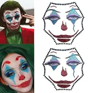 Clown Face Makeup Stickers For Halloween Carnival Party, 3d Gemstone Rhinestone Gems, Scary Confused Glitter Tattoo (Medium, Count, 2)