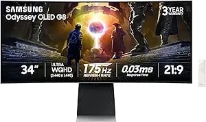 Samsung 34" Odyssey Oled g8 (g85sd) Ultra-Qwhd Qd-Oled G-Sync Compatible Curved Gaming Monitor, 175hz, 0.03ms, Glare-Free Display, Amd Freesync Premium Pro, 3 Yr Warranty,ls34dg856snxza,2024