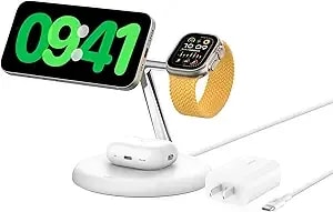 Belkin Magsafe-Compatible 3-In-1 Wireless Charger Stand 15w - qi2-Certified Wireless Charging Station, Fast Charging Of Iphone 16, Airpods, & Apple Watch - 36w Included - White