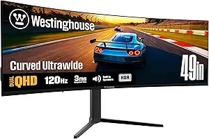 Westinghouse 49 Inch Curved Gaming Monitor, Uwdqhd(5120 X 1440p), 3000:1 Contrast Ratio, 124% Srgb, 120hz, 1800r, Amd Freesync, Eyecare, Built-In Speakers, Tilt/Height/Swivel, Hdmi, Displayport, Usb-C