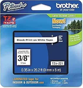 Brother P-Touch TZE221 Tze Standard Adhesive Laminated Labeling Tape, 3/8-Inch W, Black On White