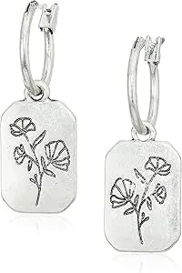 Lucky Brand Silver-Tone Flower Rectangle Charm Hoop Earrings