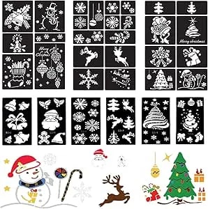 9 Sheets Christmas Tattoo Stencils, Glitter Tatoo Stencil For Kids Xmas Waterproof Body Art Templates Henna Tattoo Kit For Christmas Party Decoration Makeup Party Props (33pcs)