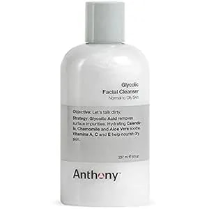 Anthony Glycolic Facial Cleanser For Men, Daily Exfoliating & Hydrating Face Wash, Shave Prep, Non-Foaming, Deep Cleansing, Gentle On Sensitive Skin, Removes Dirt & Oil, Smooths Texture, 8 Fl Oz
