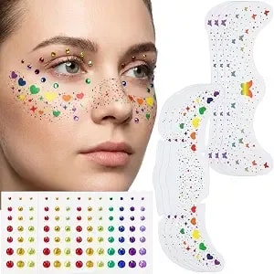 Wehhbtye 9 Sheet Rainbow Freckles Face Tattoos And Gems Sticker Set, Pride Month Glitter Freckles Stickers, Multicolor Heart Face Gems For Lgbtq+ Parade Festival Makeup Accessories