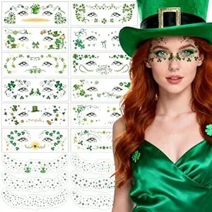 St. Patrick’S Day Temporary Tattoos Face Stickers 18 Pcs Waterproof Shamrock Clover Tattoos For Party Favors, Irish Festival, Parade Makeup Saint Patricks Day Accessories For Women