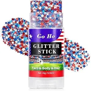 Go Ho Red White And Blue Star Face Glitter Stick,Waterproof Body&Hair Glitter,4th Of July Accessories,Patriotic Usa Flag Sparkle Stick For World Cup Soccer Game Independence Day 250 Anniversary Makeup