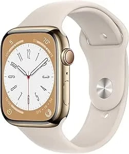 Apple Watch Series 8 (GPS + Cellular, 45mm) - Gold Stainless Steel Case With Starlight Sport Band (Renewed)