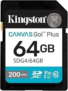 Kingston Canvas Go Plus 64GB SD Card - Up To 200MB/S - Class 10, UHS-I, U3, V30 - SDG4/64GB