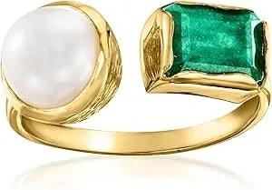 Ross-Simons 8-8.5mm Cultured Pearl And 1.90 Carat Emerald Toi Et Moi Ring In 18kt Gold Over Sterling