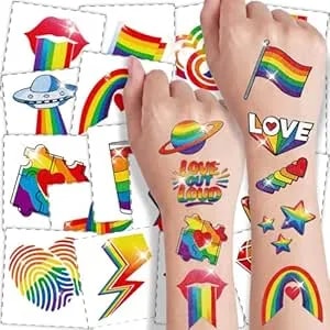 108 Pcs Glitter Pride Temporary Tattoos – Pre-Cut Waterproof Rainbow Tattoos With Flag, Heart & Lips - Body & Face Art For Adults, Lgbtq+ Pride Month Party Supplies, Decor & Gay Accessories