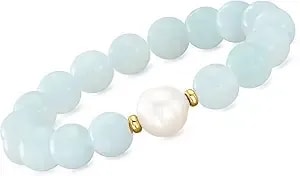 Ross-Simons 12-13mm Cultured Baroque Pearl And 140.00 Ct. T.W. Aquamarine Bead Stretch Bracelet With 14kt Yellow Gold. Adjustable Size