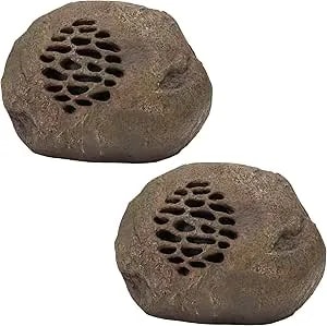 Alpine Corporation 9" Tall Solar Bluetooth Rock Speaker, Weather-Resistant High Fidelity Outdoor Audio System With 50 Foot Range, Brown - Set Of 2