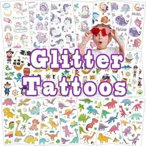 Glitter Temporary Tattoo For Girls, 40 Sheets 500+ Dinosaurs Dolphins Animals Tattoo Stickers For Kids, Waterproof Fake Tattoos For Birthday Party Favors Goodie Bags Stuffers Party Fillers