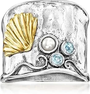 Ross-Simons 2.75-3mm Cultured Pearl And .10 Ct. T.W. Swiss Blue Topaz Shell Ring In Sterling Silver And 18kt Gold Over Sterling