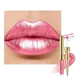 Depuplum Pink Metallic Lipstick And Lip Liner Combo Makeup 2in1 Shimmer Glitter Lipsticks For Women Metallic Lip Gloss Stain Waterproof Smudgeproof Nude Long Lasting Lipsticks (gb19 Daring)