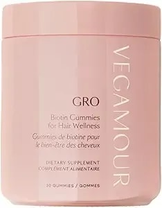Vegamour Gro Biotin Gummies, Strawberry Flavor With 5000 Mcg Biotin, Supports Healthy Hair Vegan Gummies With Vitamins A, B, C, E, B-12 & More, 30 Ct
