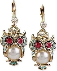 Betsey Johnson Pearl Critters Owl Drop Earrings