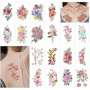 24 Sheets Flowers Temporary Tattoos Stickers, Roses, Peony And Multi-Colored Mixed Style Body Art Temporary Tattoos For Women, Girls Or Kids