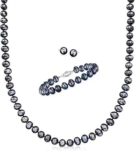 Ross-Simons 7-7.5mm Black Cultured Pearl Jewelry Set: Necklace, Bracelet And Stud Earrings With Sterling Silver. 18 Inches