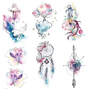 6 Sheets Watercolor Anchor Koi Temporary Tattoos For Adults, Anchor Cloud Tree Koi Fish Dreamcatcher Arrow Fake Tattoo Stickers, Waterproof Long Lasting Body Art For Arm Chest