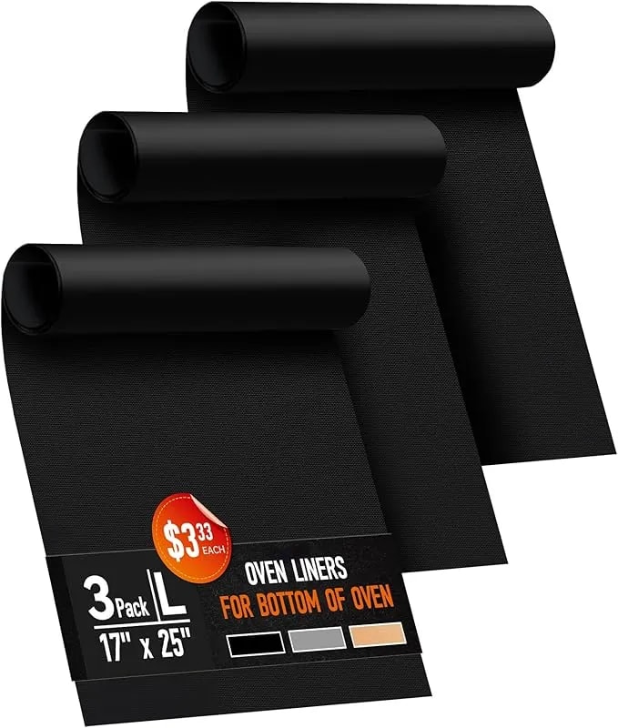 3 Pack Oven Liners For Bottom Of Oven, 17x25" Large Heavy Duty Non-Stick Reusable Oven Mat For Electric, Gas, Toaster & Convection Ovens - Bpa & Pfoa Free, Dishwasher Safe, Kitchen Essentials, Black