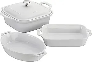 Staub Ceramic 4-Pc Baking Pans Set, Casserole Dish With Lid, Brownie Pan, White