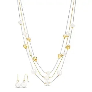 Nautica Beaded Station Necklace Simulated Pearl Earring Set For Women Rhodium & 14k Yellow Gold Plated Alloy 21-26 Inches