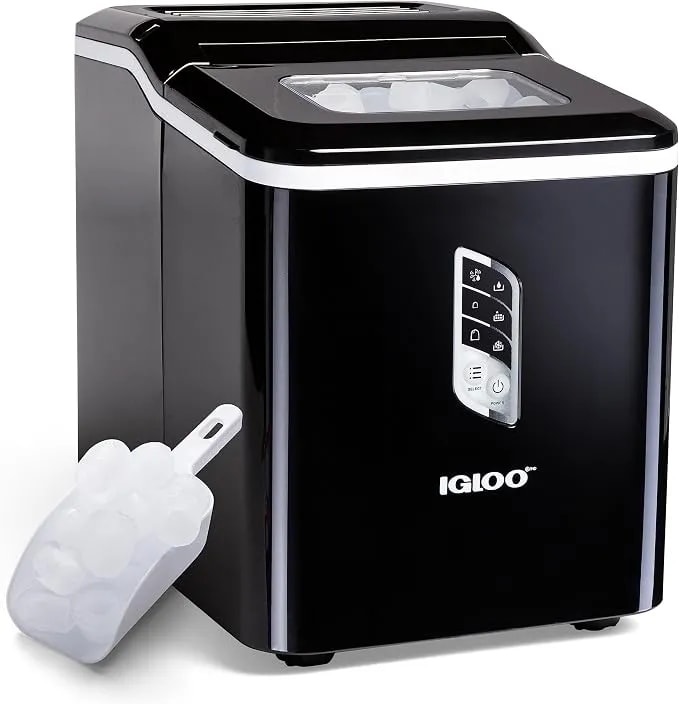 Igloo Handled Portable Ice Maker With Scoop - Ice Maker With Led Control Panel & 1 Quart Water Tank - Ice Cube Maker Produces 26 Lbs. Of Ice In 24 Hours With 9 Large Or Small Cubes In 7 Minutes- Black
