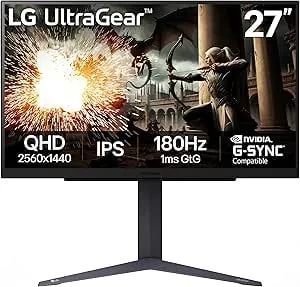 LG 27GS75Q-B 27-Inch Ultragear QHD (2560x1440) Gaming Monitor, 180Hz (O/C 200Hz), 1ms, IPS, Nvidia G-SYNC Compatible, AMD Freesync, HDR10, Tilt/Height/Pivot Stand, HDMI, Displayport, Black