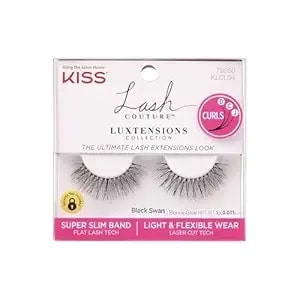 Kiss Lash Couture Luxtensions Collection False Eyelashes, Flat Lash Technology, Super Slim Lash Band, Real Lash Extension Fibers, Reusable, Style ‘Black Swan', 12mm, 1 Pair Strip Lashes