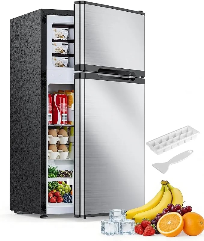 Electactic 2.5 Cu.Ft Mini Fridge With Freezer, Double-Door Compact Refrigerator, Adjustable Glass Shelves, Mechanical Thermostat & Leveling Feet, Space-Saving For Apartment/Dorm/Office, Silver